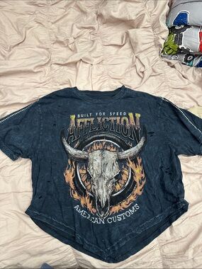 Buckle Dark Blue Graphic Tee with Bull Skull and Flames